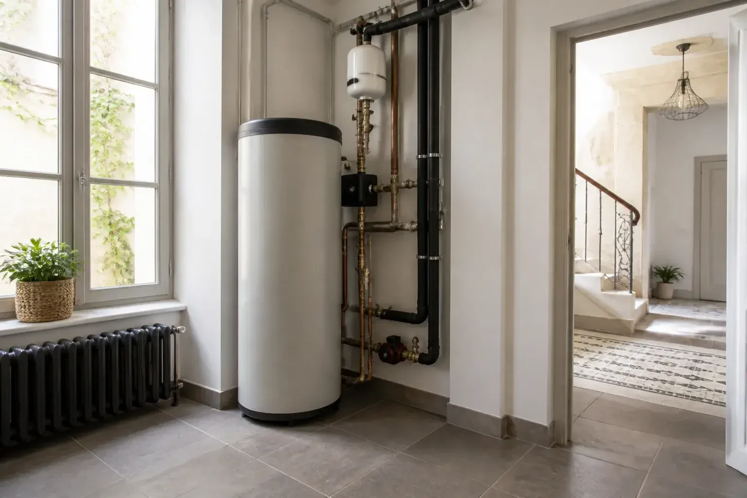 Local technique propre avec chauffe-eau installé dans une maison lyonnaise.