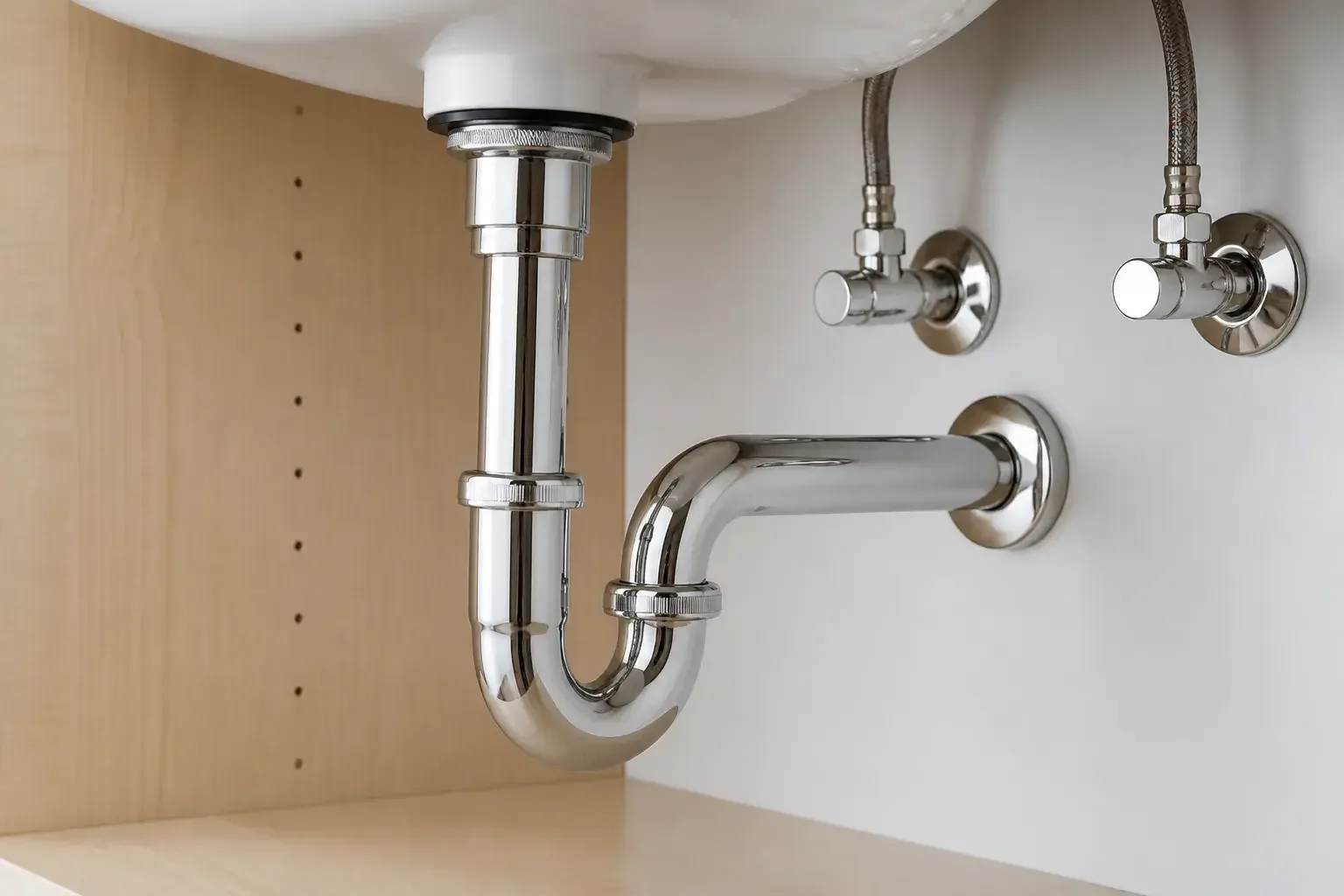 Détail de plomberie sous lavabo, propre et neuve.
