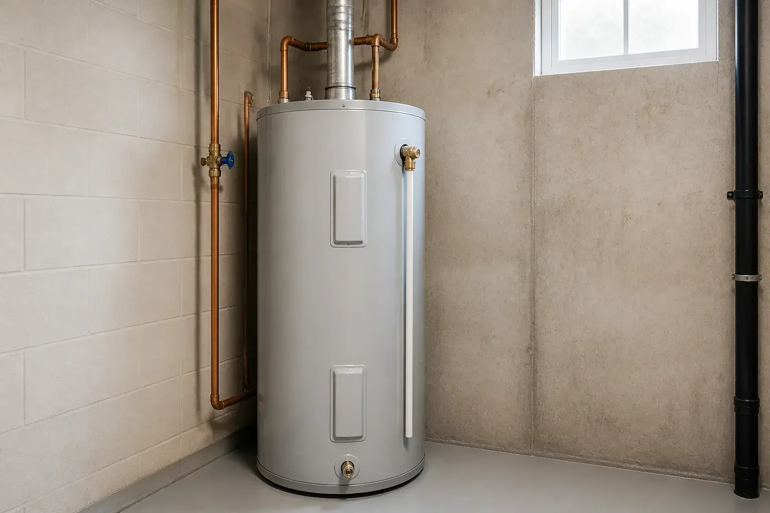 Chauffe-eau neuf installé dans un local technique propre.