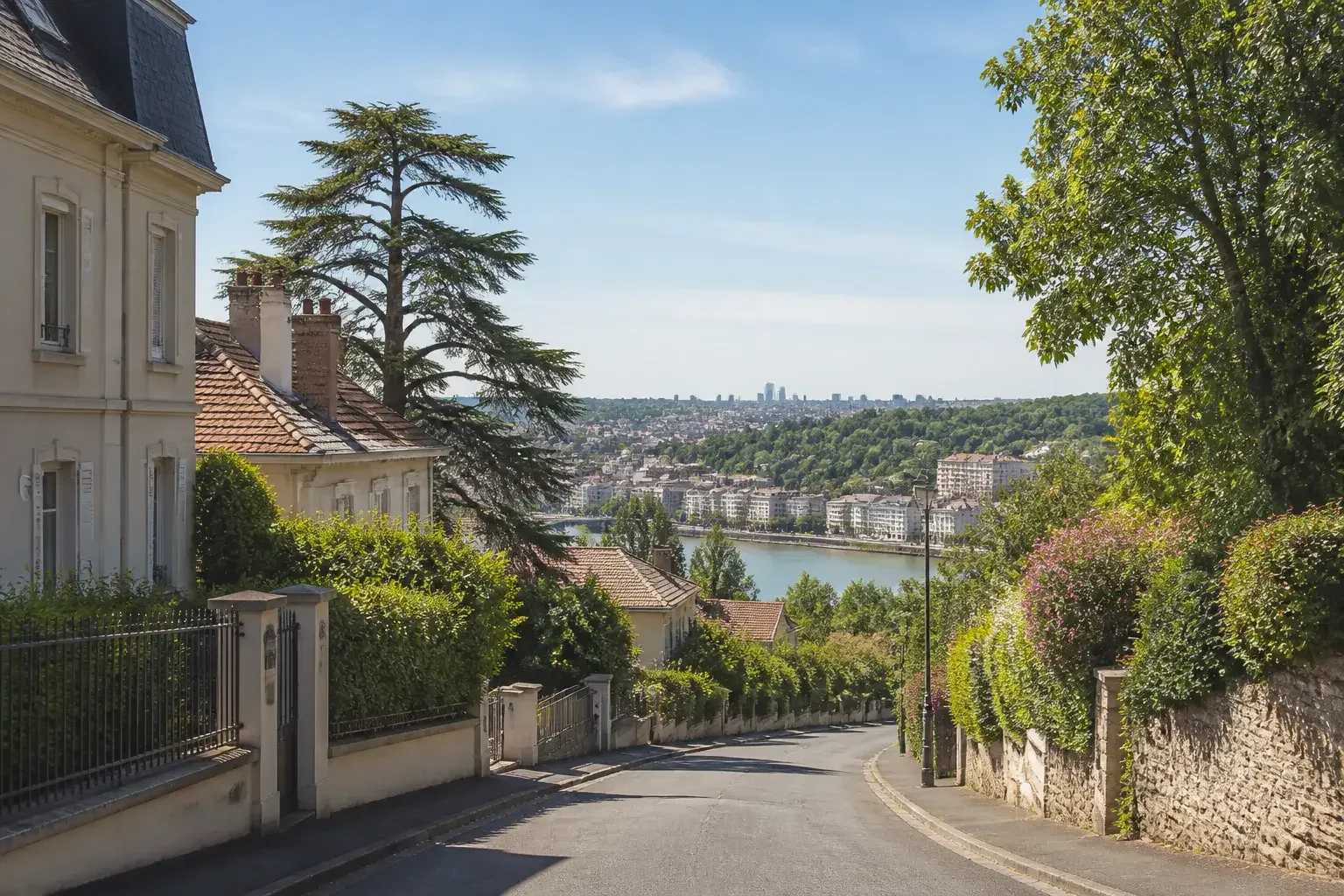 Quartier calme de Caluire-et-Cuire avec maisons et verdure.