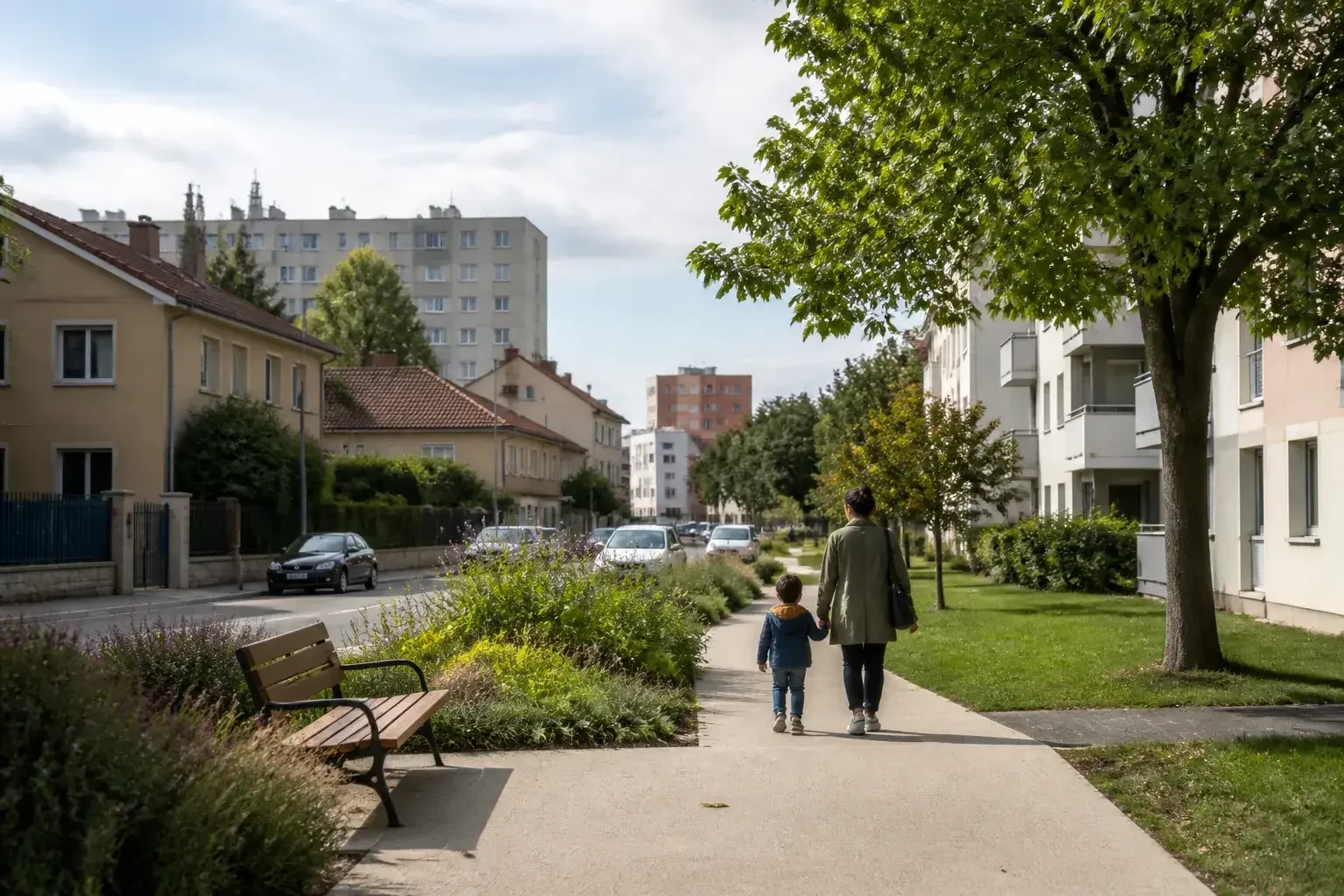 Rue de Vénissieux avec immeubles résidentiels et espaces verts.
