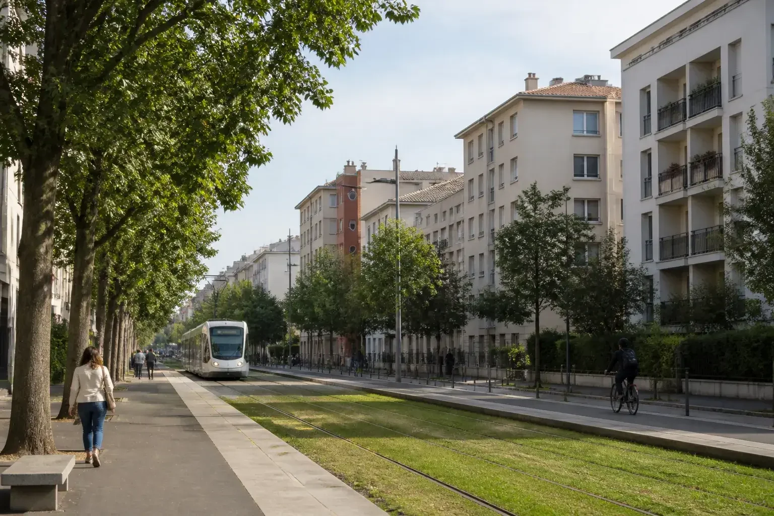 Quartier résidentiel de Villeurbanne avec immeubles et arbres.