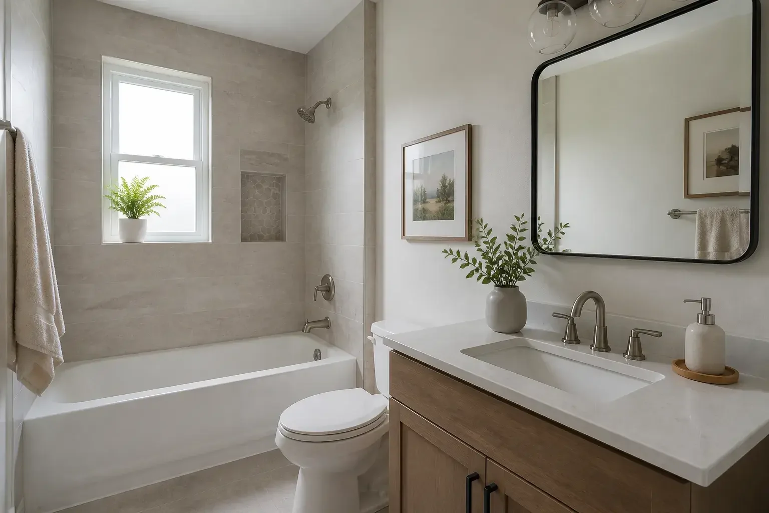 Salle de bain rénovée avec baignoire et finitions neuves.